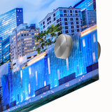 Acrylic print of a large abstract depiction of Charlotte, North Carolina, in muted blue and gray tones.