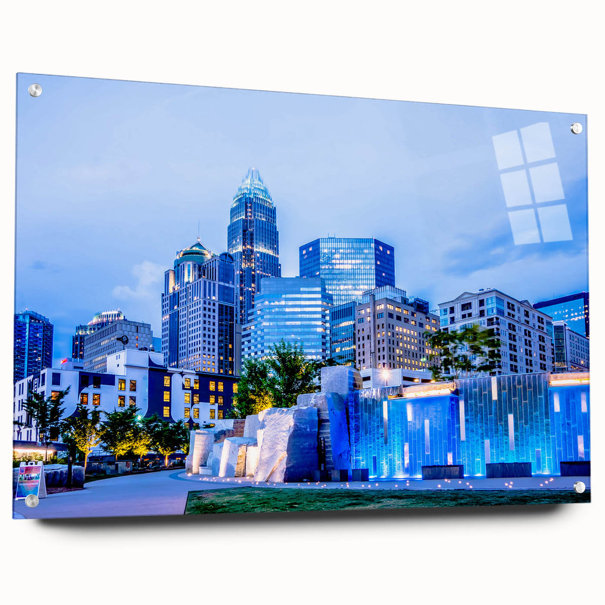 Acrylic print of Charlotte skyline in muted blue tones, ideal for dining room decor.