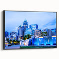 Black and white framed canvas of Charlotte, North Carolina skyline, ideal for bedroom wall art.