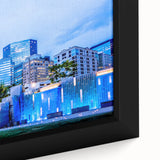 Framed canvas of Charlotte skyline featuring textured black and colorful art, ideal for extra large living room wall.