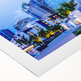 Art deco poster of Charlotte skyline in muted metallic tones on rolled canvas, suitable for dining room decor.