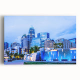 Black and white large art print of Charlotte skyline on stretched canvas, suitable for kitchen wall art.