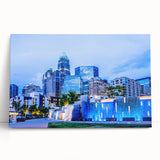 Black and white photo of Charlotte skyline on large stretched canvas, ideal for kitchen wall art.