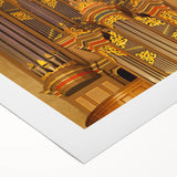 Art deco poster of Durham, North Carolina skyline in muted blue and gray tones on rolled canvas.