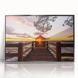 Mid-century modernist art depicting the Outer Banks in muted blue tones, framed acrylic print.