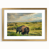 Extra large abstract art print of North Dakota scenery in muted earth tones, framed in gold, ideal for living room decor.