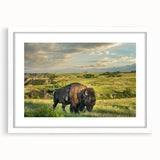 Abstract art print of North Dakota scenery in muted earth tones on a framed white mat.
