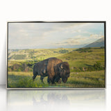 Mid-century modernist art depicting North Dakota scenery in muted earth tones on a framed acrylic panel.