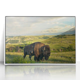 Art deco poster of North Dakota scenery in muted earth tones, framed acrylic, ideal for modern nursery wall art.