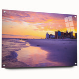 Acrylic glass print of Coney Island with vivid blue and sandy tones, suitable for bedroom or dining room decor.