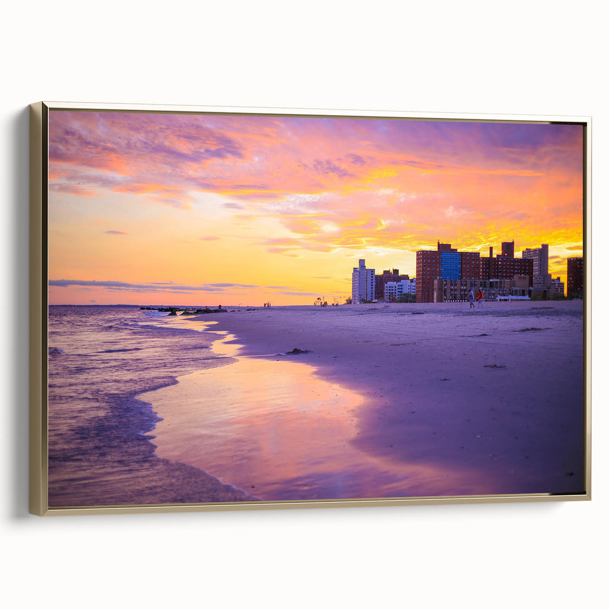 Framed canvas of vintage Coney Island landscape in black and gold tones, suitable for bedroom decor.