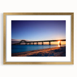 Extra large abstract art print of Long Island scenery in textured shades of blue and green, framed in gold.