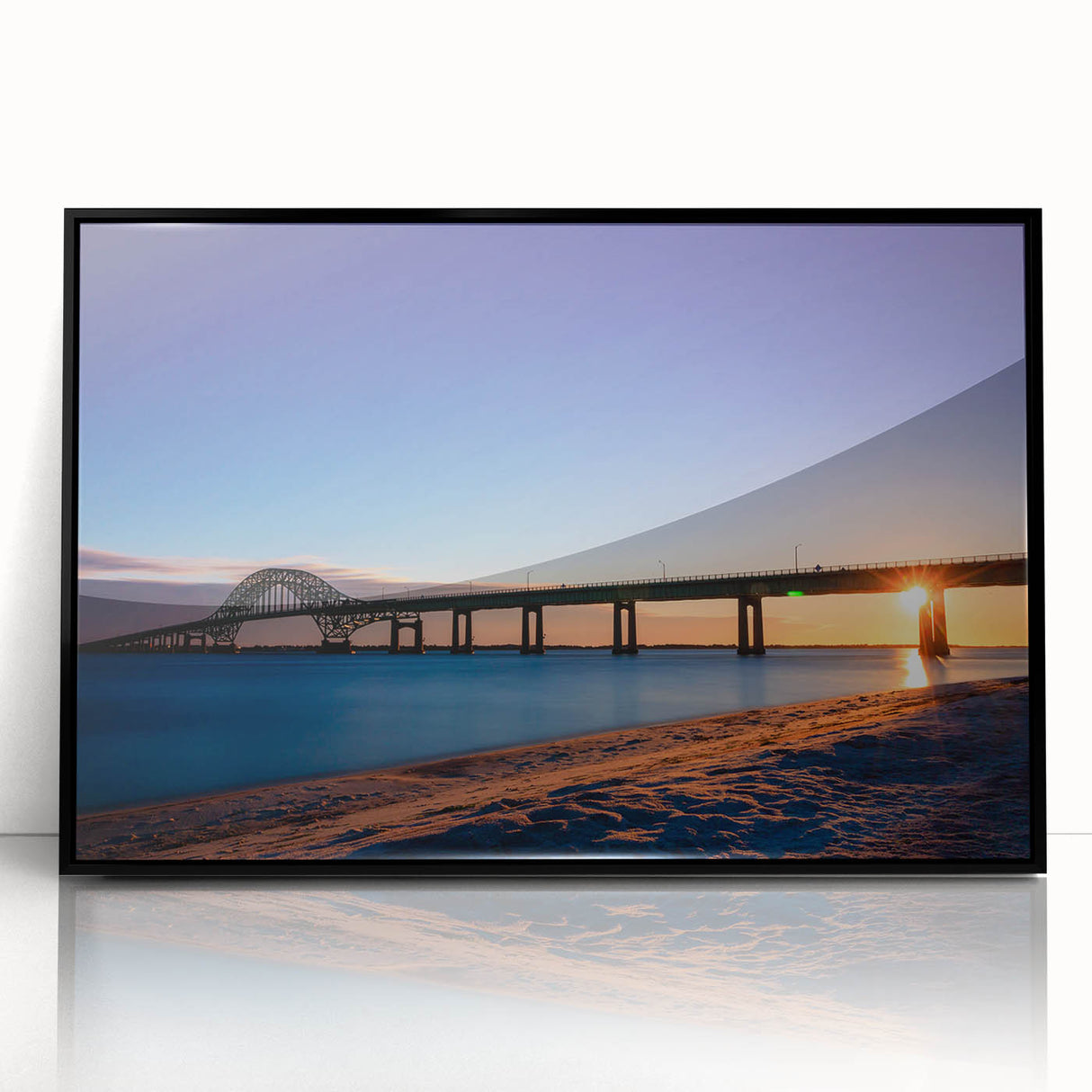 Large abstract wall art of Long Island scenery on black framed acrylic, with mid-century modernist style.