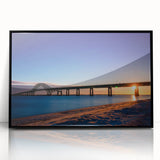 Large abstract wall art of Long Island scenery on black framed acrylic, with mid-century modernist style.