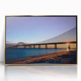 Framed acrylic print of Long Island scenery in mid-century modernist style, featuring muted earth tones.