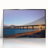 Mid-century modernist art depicting Long Island scenery in muted earth tones on a silver-framed acrylic print.