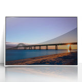 Art deco poster featuring a minimalist Long Island, NY scene in muted tones on a white-framed acrylic print.