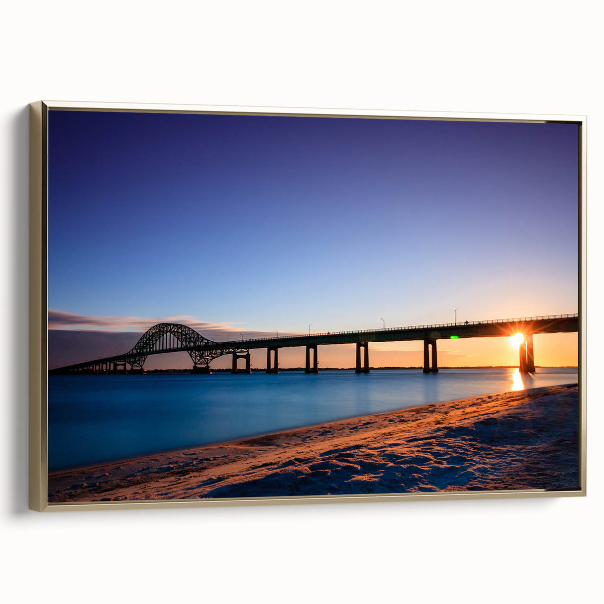 Framed canvas featuring a vintage-style landscape painting of Long Island in muted gold and black tones.
