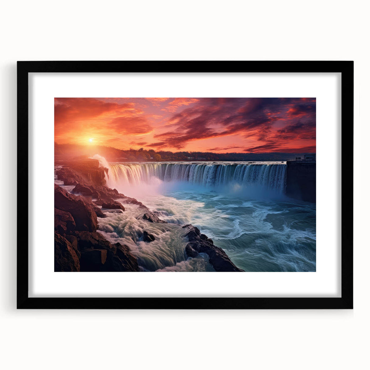 Extra large, colorful abstract art print of Niagara Falls in vibrant blue and green tones on a textured canvas.