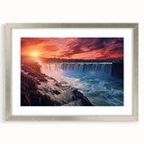 Textured art print of Niagara Falls in muted blue and gray tones on a silver-framed mat, suitable for bedroom decor.