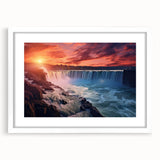 Abstract art print of Niagara Falls in muted blue and gray tones, framed with a white mat, suitable for dining room decor.