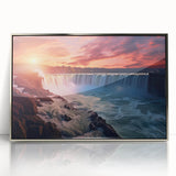 Mid-century modernist art depicting the Niagara Falls in muted blue and gray tones on a silver framed acrylic.