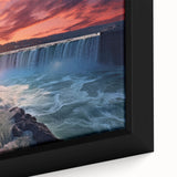 Framed canvas of Niagara Falls in black with colorful, textured detailing, ideal for extra large living room wall art.