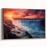 Framed canvas featuring a vintage-style landscape painting of Niagara Falls in muted gold and black tones.