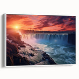 Vintage poster art of Niagara Falls in vibrant colors on a framed canvas, ideal for living room decor.