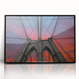 Large abstract wall art of the Brooklyn Bridge in muted gray tones on a framed acrylic, ideal for modern living room decor.