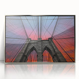 Mid-century modernist art of the Brooklyn Bridge in muted silver and gray tones, acrylic print.