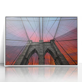Framed acrylic print of the Brooklyn Bridge in monochrome tones, suitable for modern art wall decor.