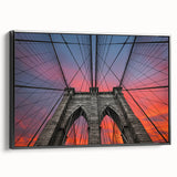 Black and white wall art of Brooklyn Bridge, framed canvas, in a vintage poster style, ideal for bedroom decor.