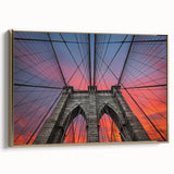 Framed canvas wall art of Brooklyn Bridge with black and gold tones in a vintage poster style, ideal for bedroom decor.