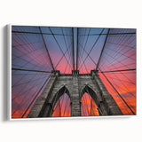Vintage poster art of the Brooklyn Bridge in black and white on framed canvas, ideal for living room decor.