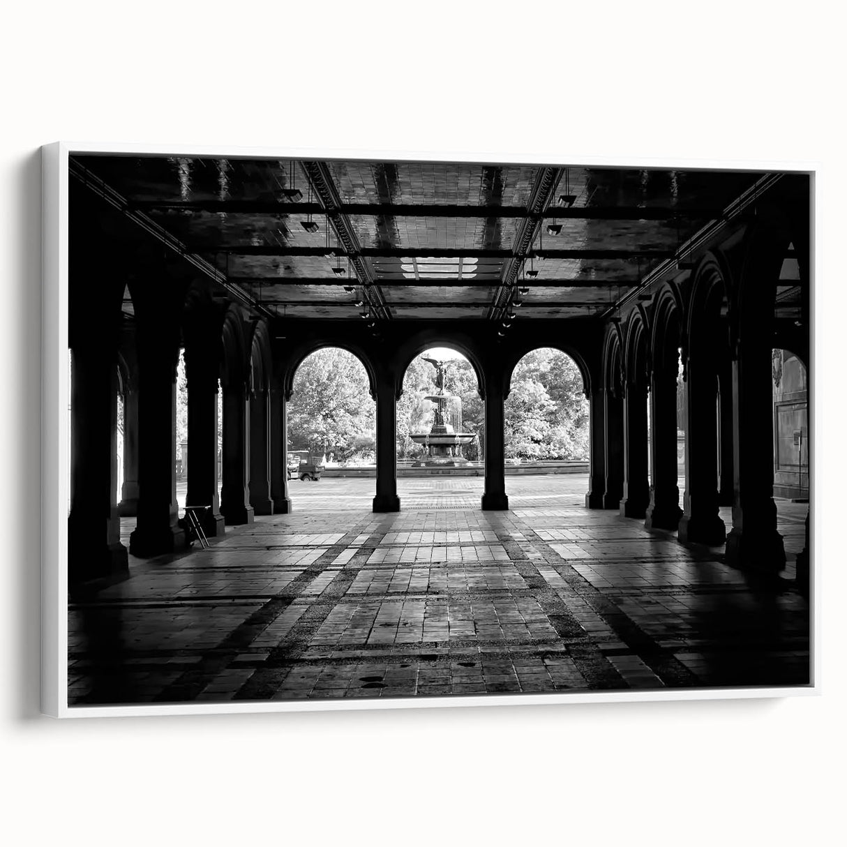 Vintage poster art of Central Park in autumn, featuring colorful foliage on a framed canvas.