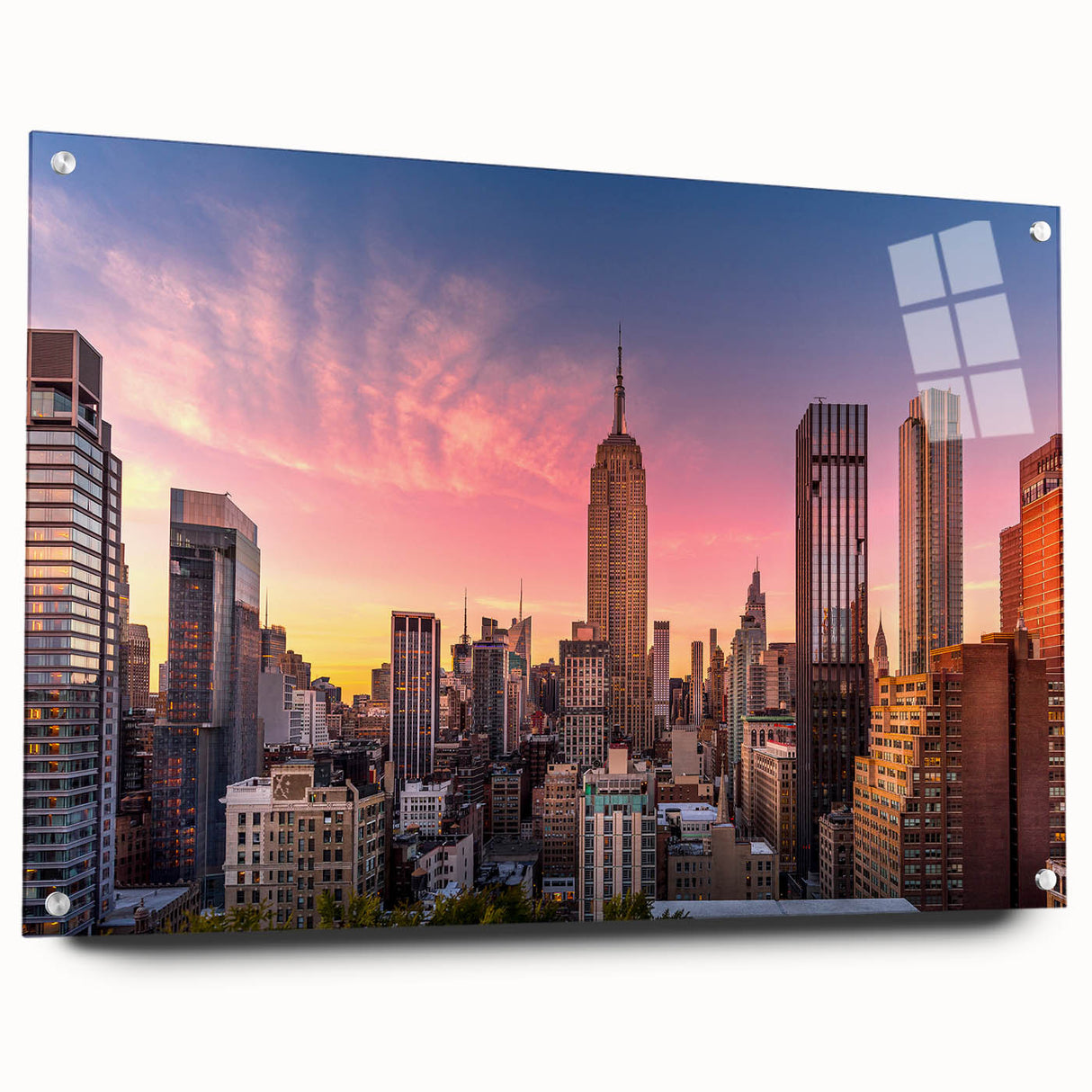 Acrylic print of the Chrysler Building in muted metallic tones, suitable for dining room or bedroom decor.
