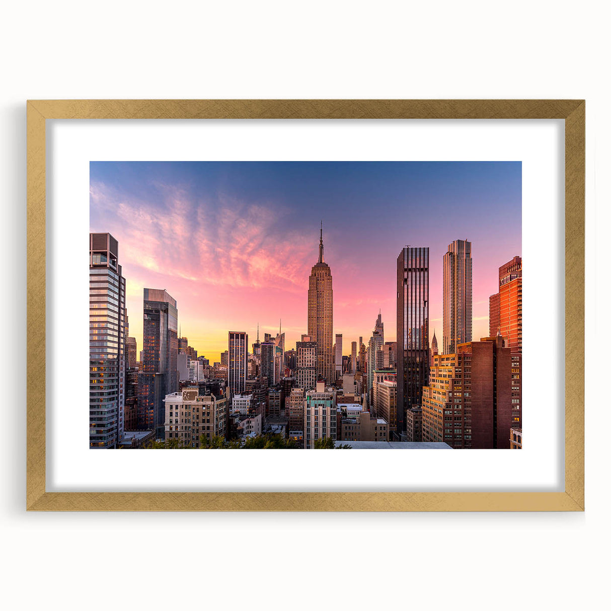 Extra large abstract art print of the Chrysler Building in textured gold and black tones on a framed canvas.