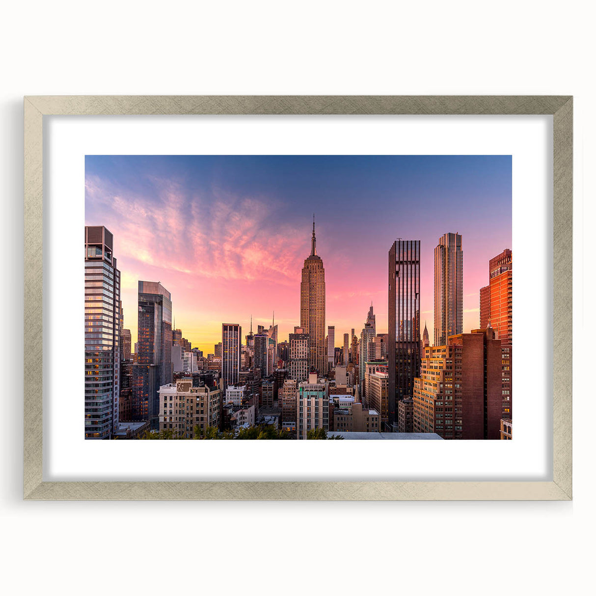 Textured art of the Chrysler Building in abstract style with silver frame, suited for bedroom decor.