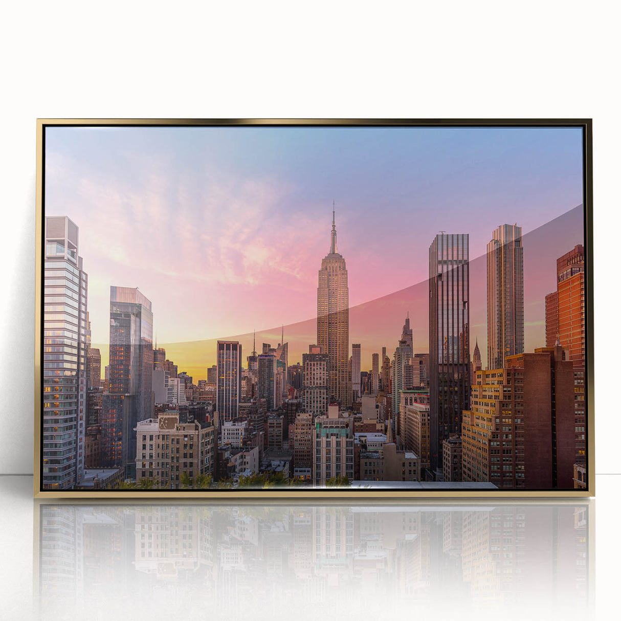 Framed acrylic print of the Chrysler Building in gold and black, ideal for modern art wall decor.