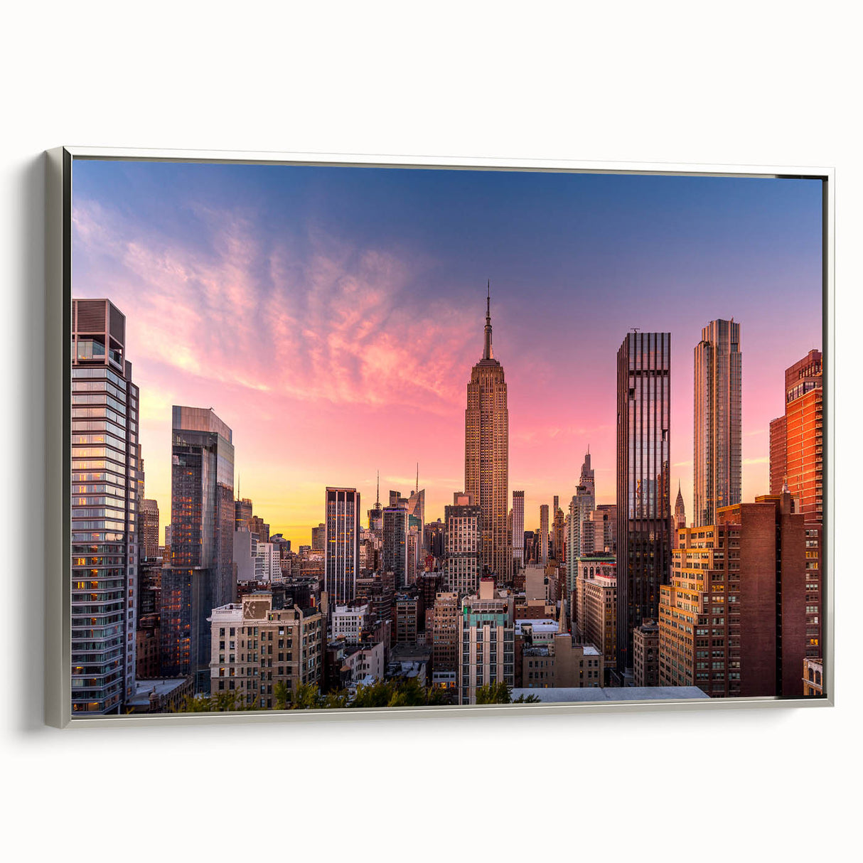 Framed canvas landscape art painting featuring the Chrysler Building in silver tones, ideal for office decor.
