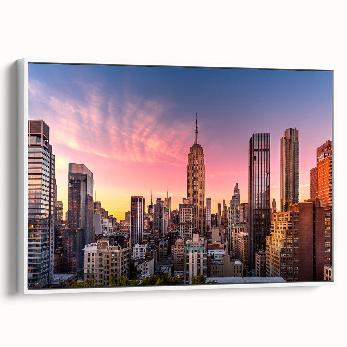 Vintage poster art of the Chrysler Building in grayscale, framed canvas, suitable for living room decor.