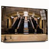 Acrylic print of a large abstract depiction of NYC's Grand Central, in muted gray and blue tones.