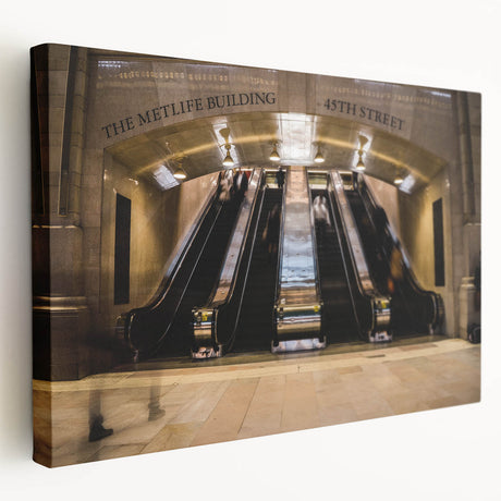 Large art depicting the interior of Grand Central Station in subdued earth tones on stretched canvas.