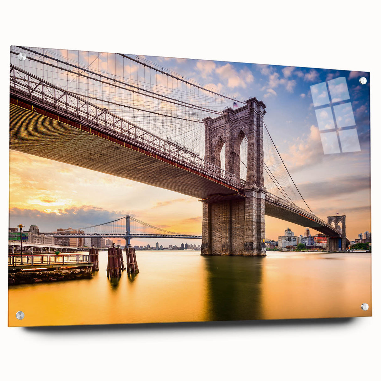 Acrylic print of the Manhattan Bridge in grayscale tones, suitable for bedroom or dining room decor.