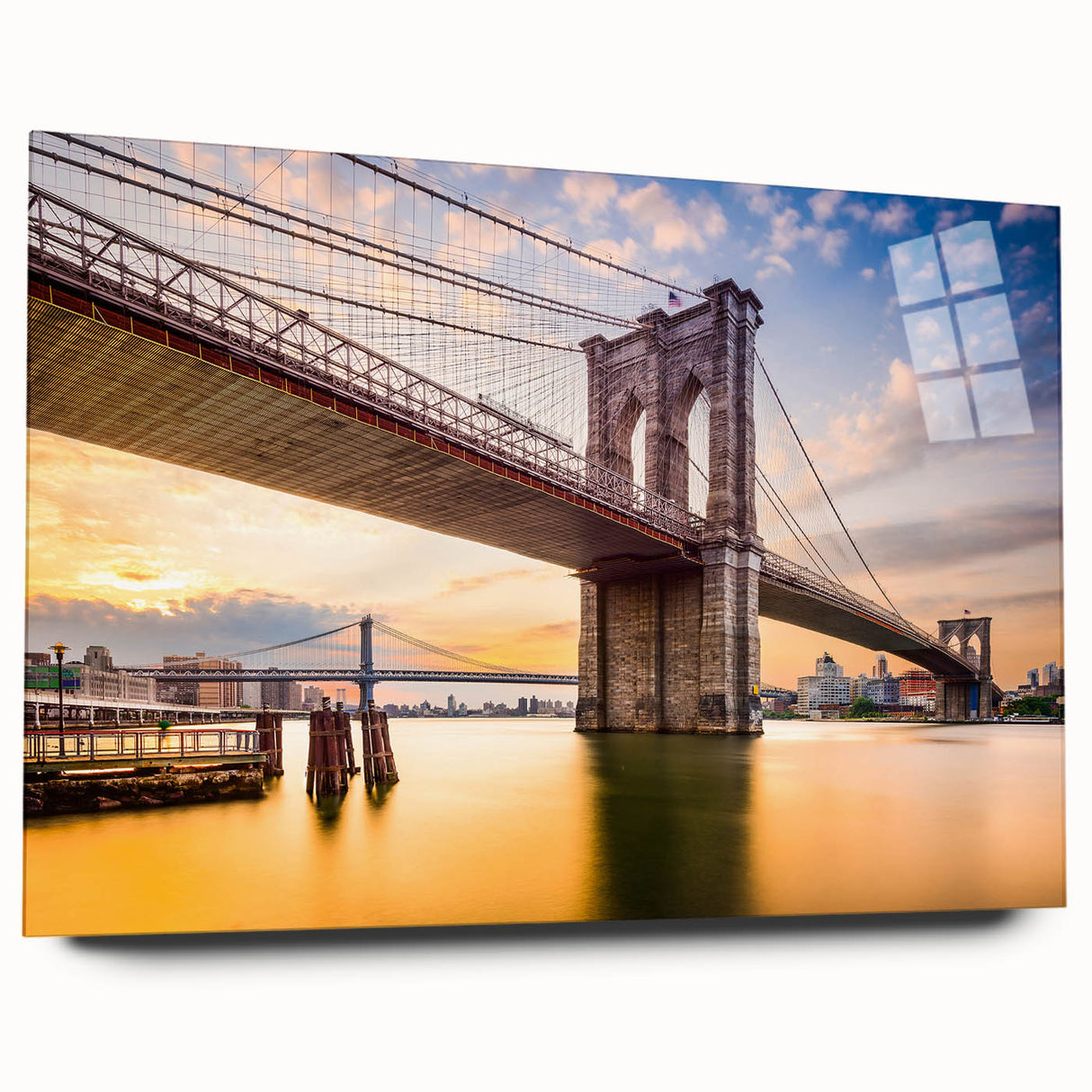 Acrylic print of the Manhattan Bridge in muted gray and blue tones, suitable for bedroom or dining room art.