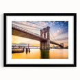 Extra large framed wall art of Manhattan Bridge in vibrant, colorful abstract style, ideal for living room decor.
