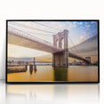 Large abstract wall art of the Manhattan Bridge in muted gray and blue tones, framed acrylic print.