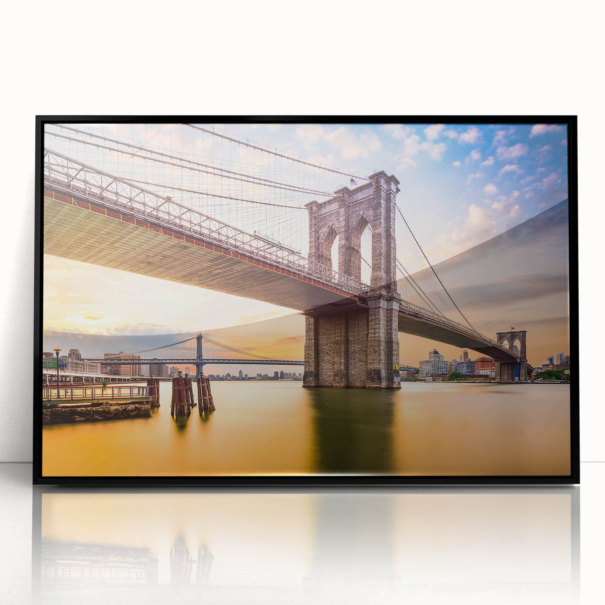 Large abstract wall art of the Manhattan Bridge in muted gray and blue tones, framed acrylic print.