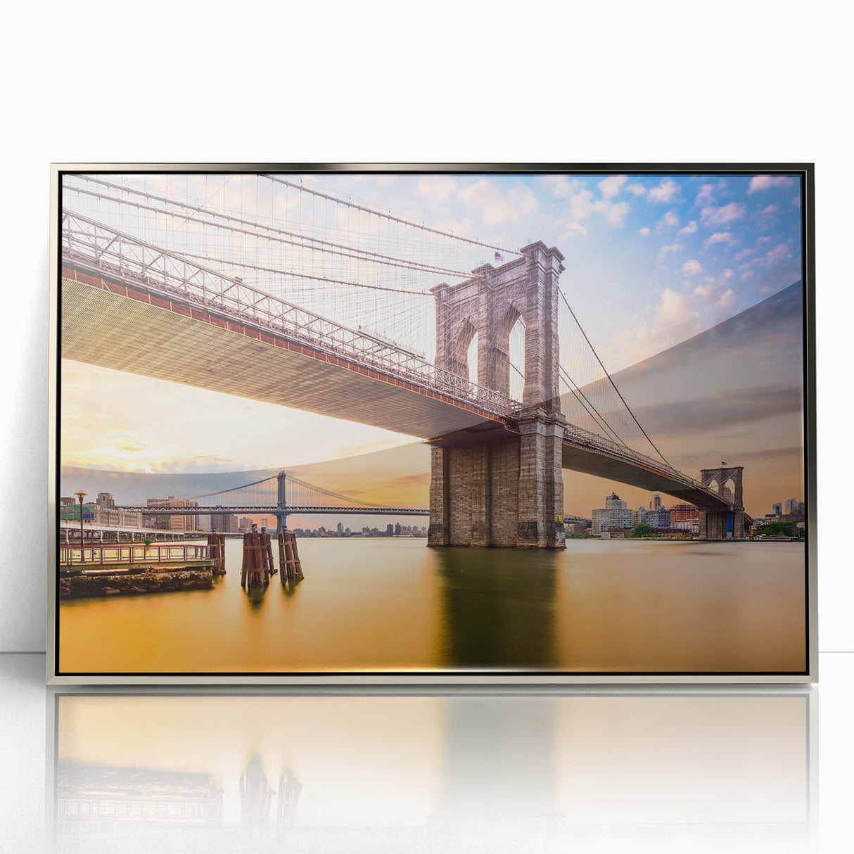 Mid-century modernist art of Manhattan Bridge in muted gray tones on a framed acrylic, ideal for modern art wall decor.